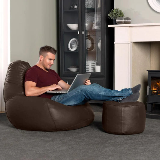 Comfy Leather Bean Bag With Stool (dark brown)